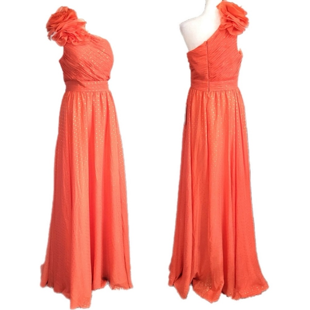 Mac Duggal #49536 Rossette One Shoulder Gold Dot Formal Gown in Tangerine